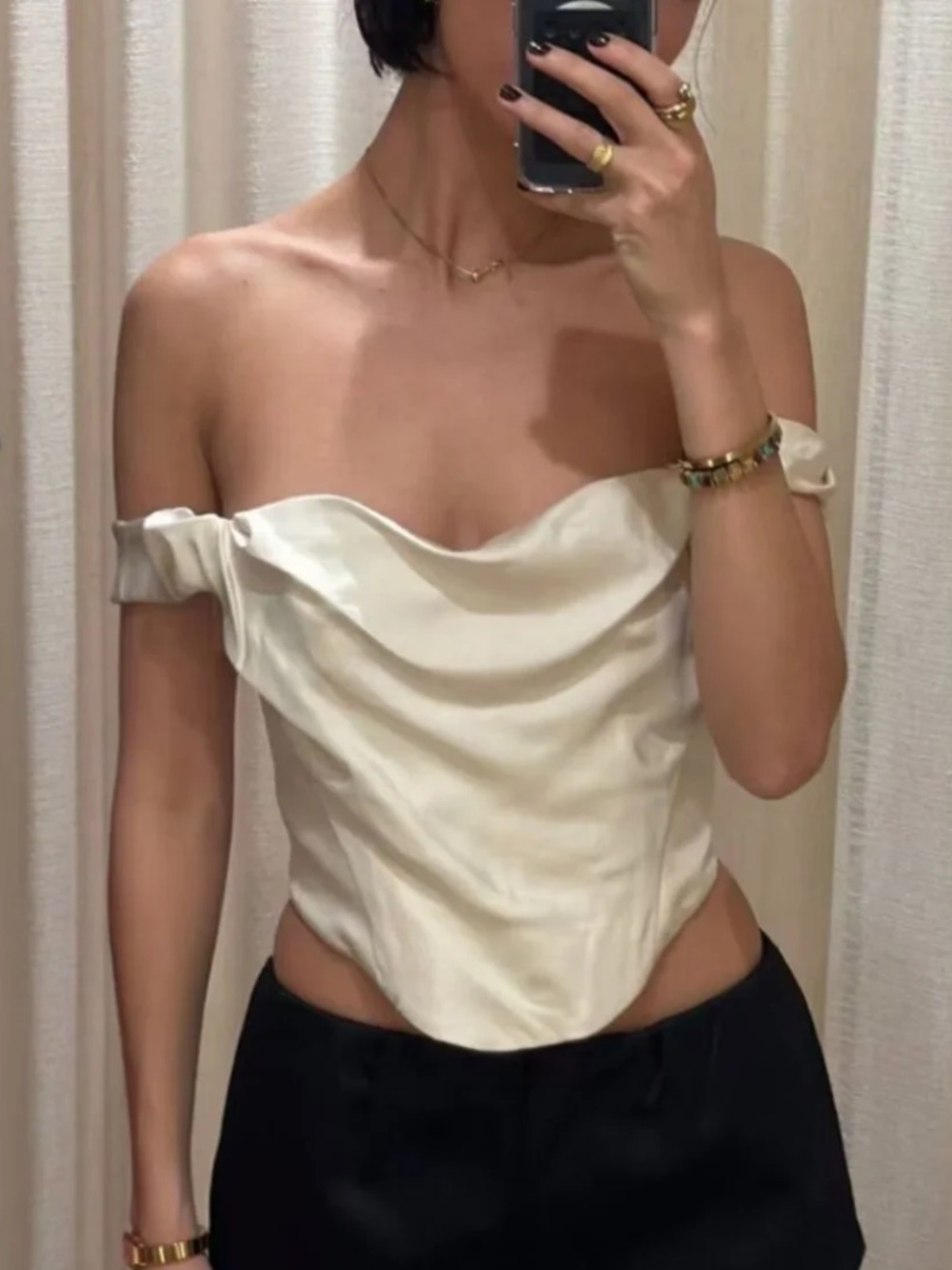VENROY Draped 100% Silk Cream Corset Top Sz.L